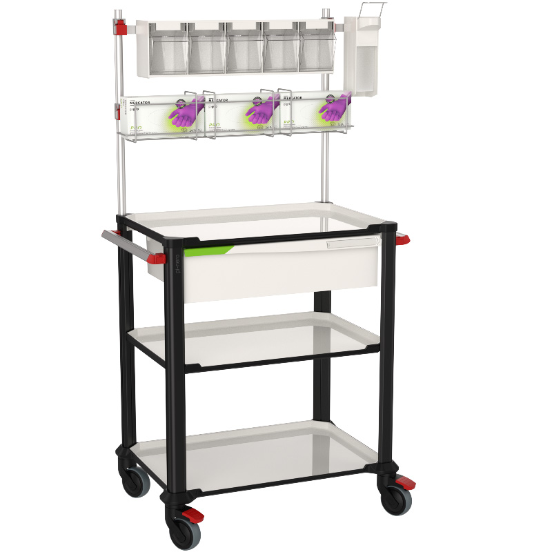 The PI-NERO service trolley with 3 shelves and an accessorized overbridge