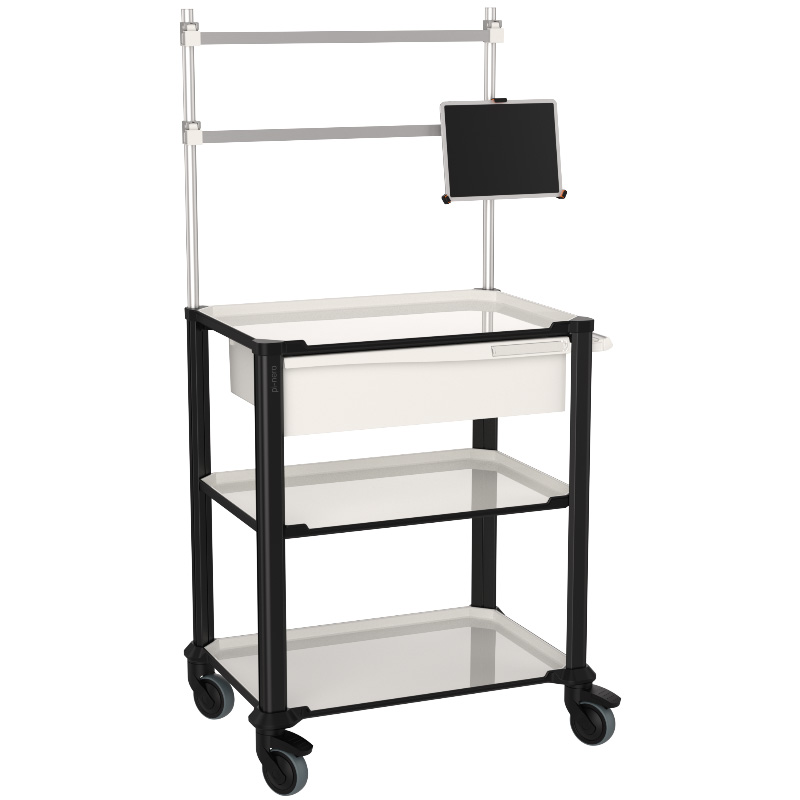 The PI-NERO service trolley with 3 shelves and an overbridge with a tablet