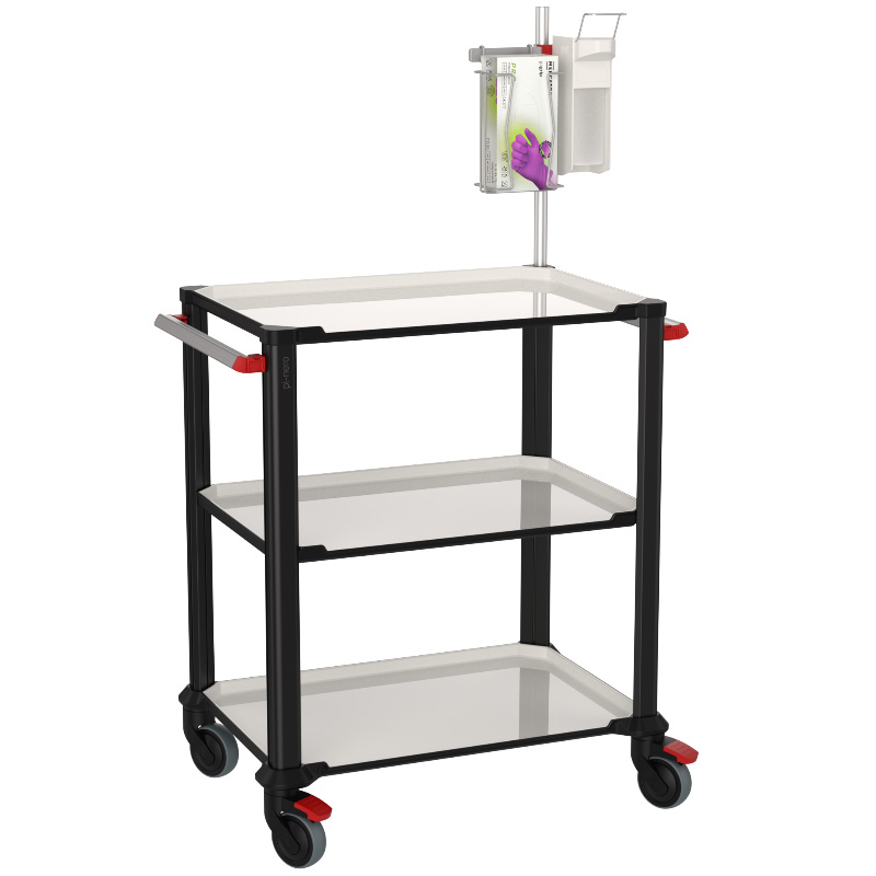 The PI-NERO service trolley with 3 shelves and an accessorized tube