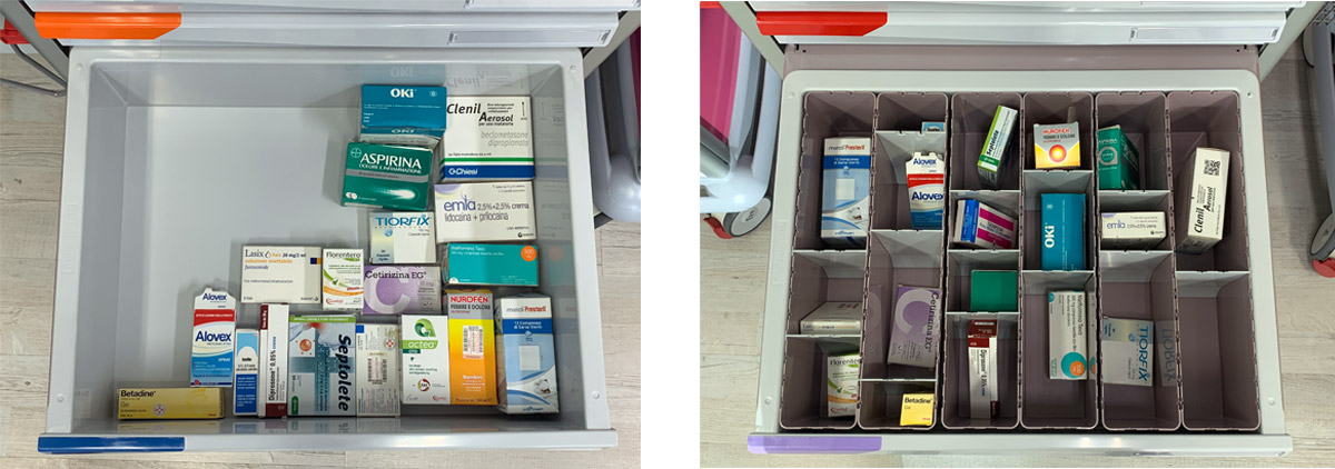 a sinistra un cassetto non organizzato, a destra un cassetto con contenuto organizzato