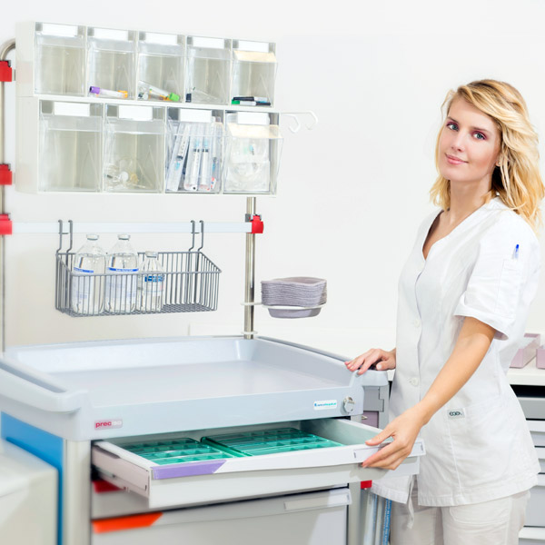 model posing as a nurse with a PRECISO hospital trolley