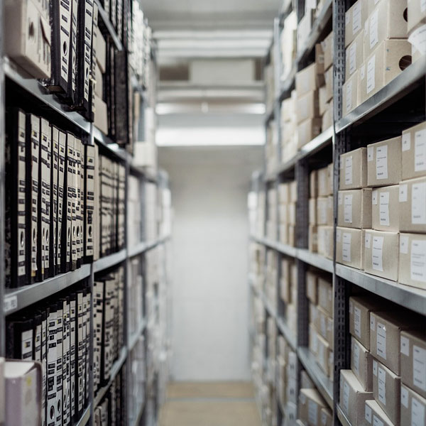 archive shelves filled with boxes