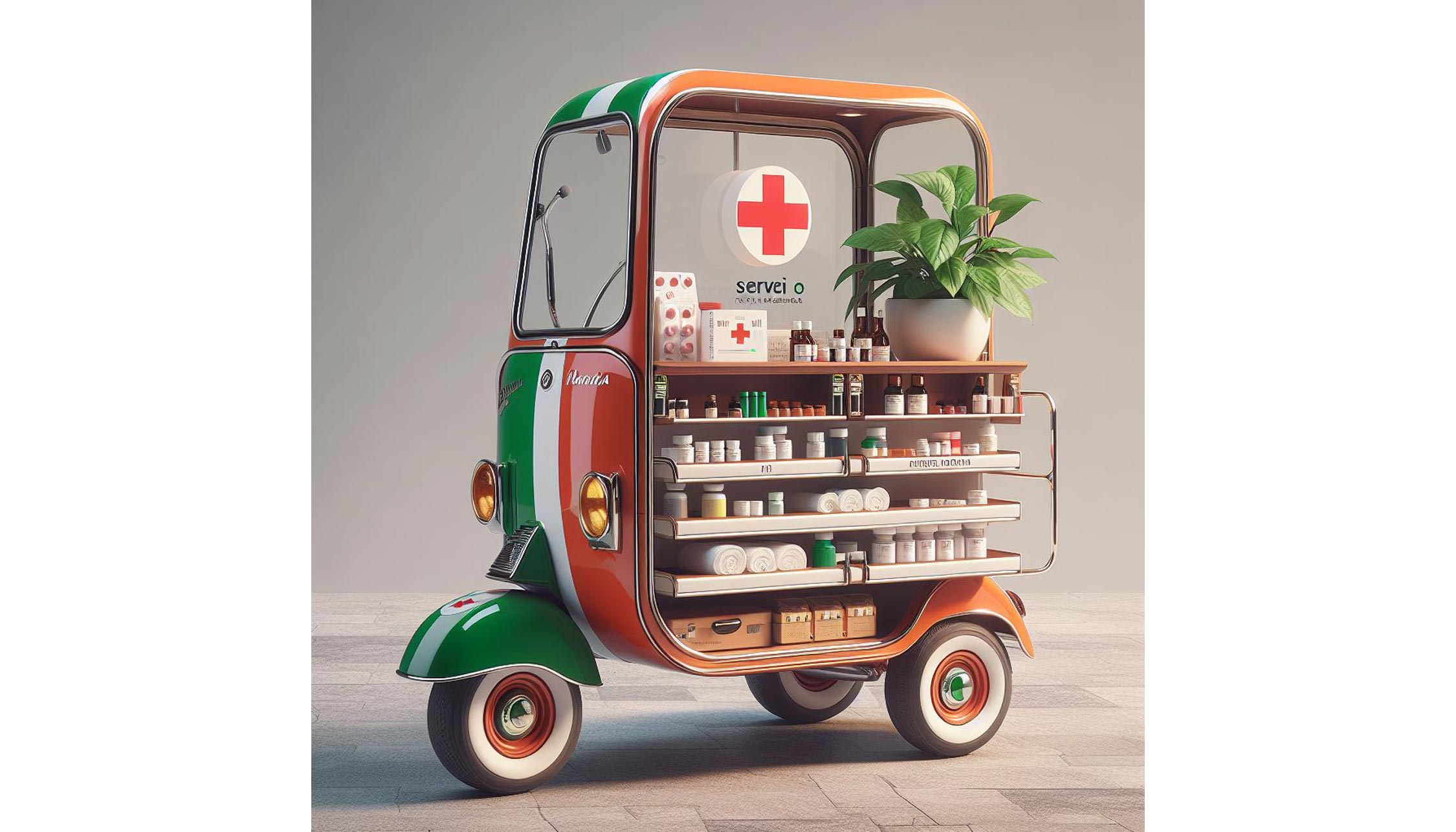 illustrazione realizzata da IA: un motocarro tipo Ape Piaggio con medicinali