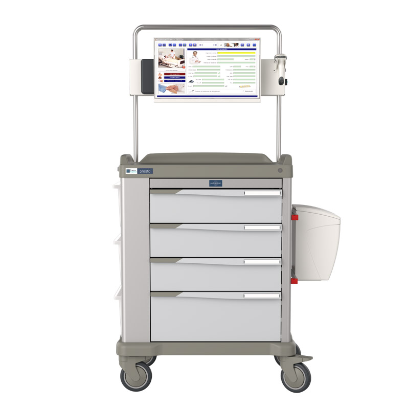 Presto Power variable width computer cart with four drawers, monitor mount and side waste bin