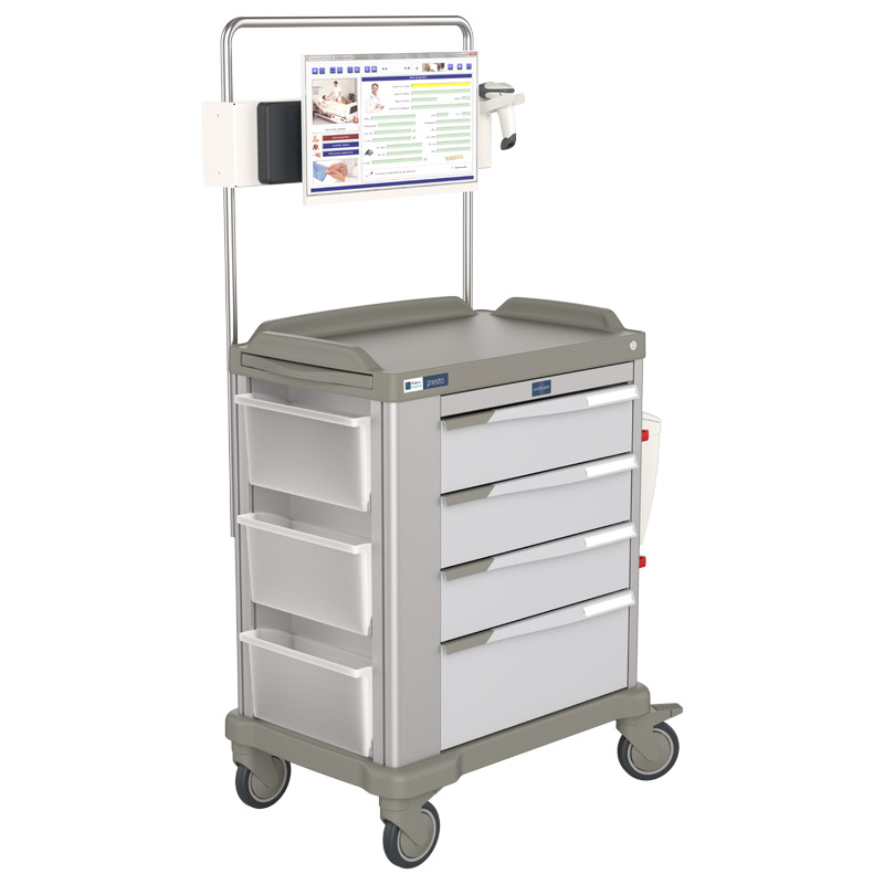 Presto Power variable width computer cart with open storage baskets, monitor mount and side waste bin
