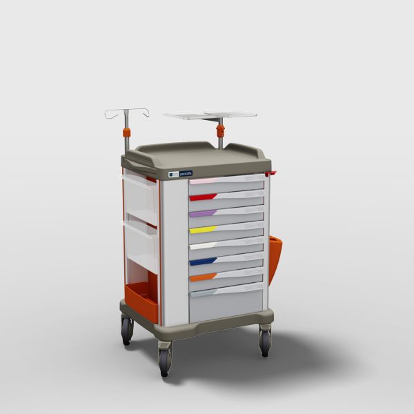 carrello ospedaliero con tasselli colorati ai cassetti