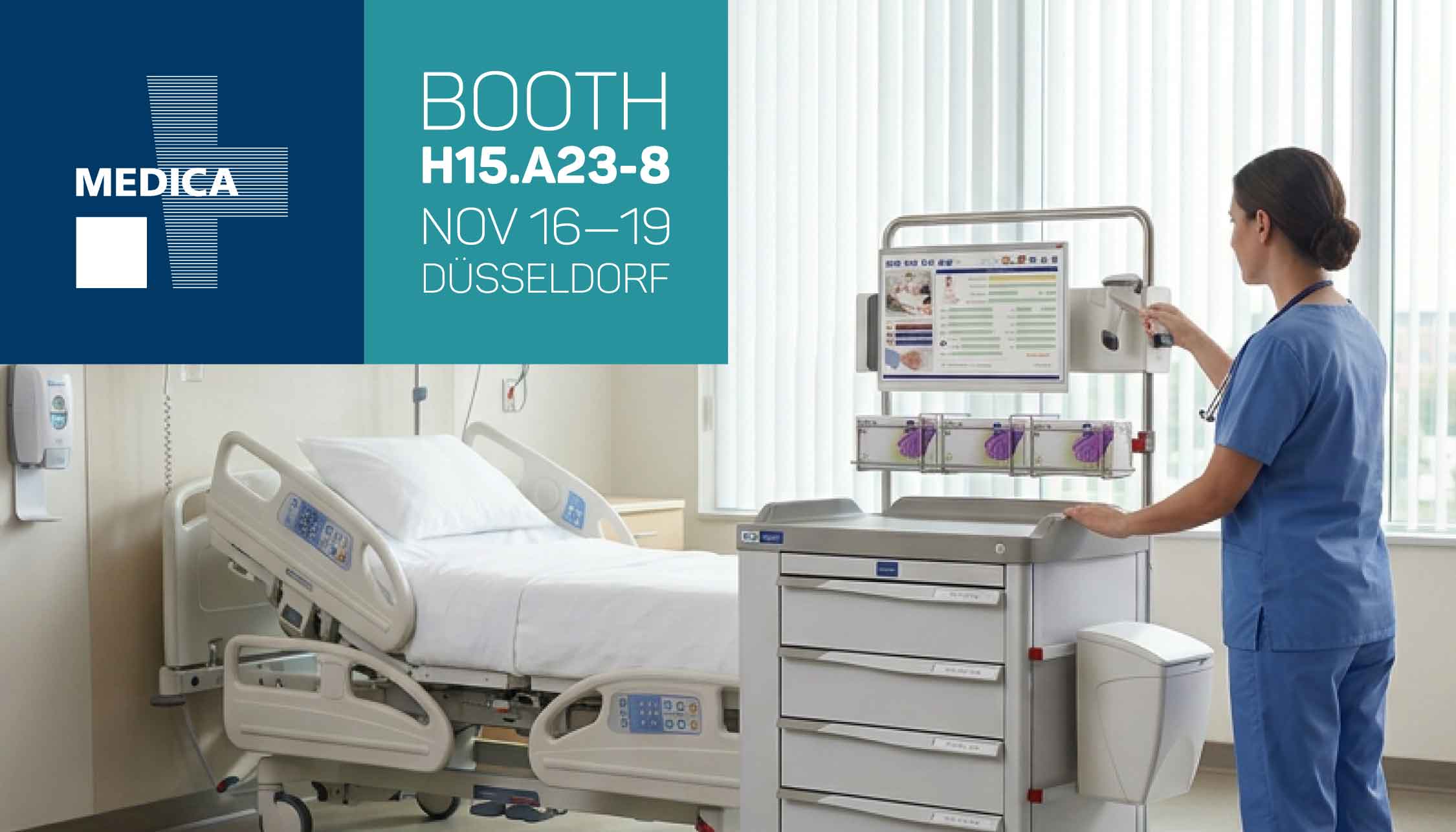 Francehopital at MEDICA 2026, Düsseldorf, 16–19 November, Booth H15.A23-8. A nurse uses a medication cart with a monitor and barcode scanner next to a hospital bed.